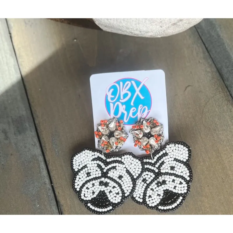 White and Red Bulldog Seed Beaded Earrings made by Roxie’s Picks