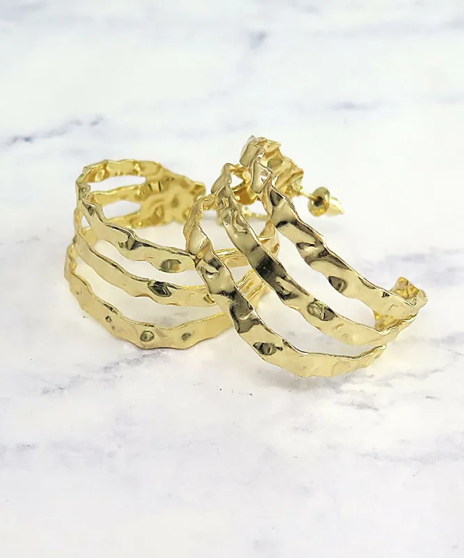Gold Hammered Triple Row Hoop Earrings sold by Roxie’s Picks