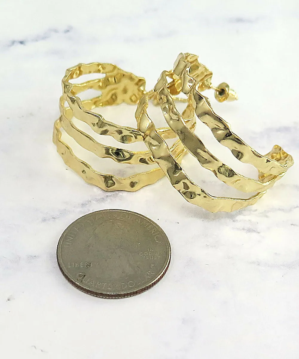 Gold Hammered Triple Row Hoop Earrings sold by Roxie’s Picks product image thumbnail 3