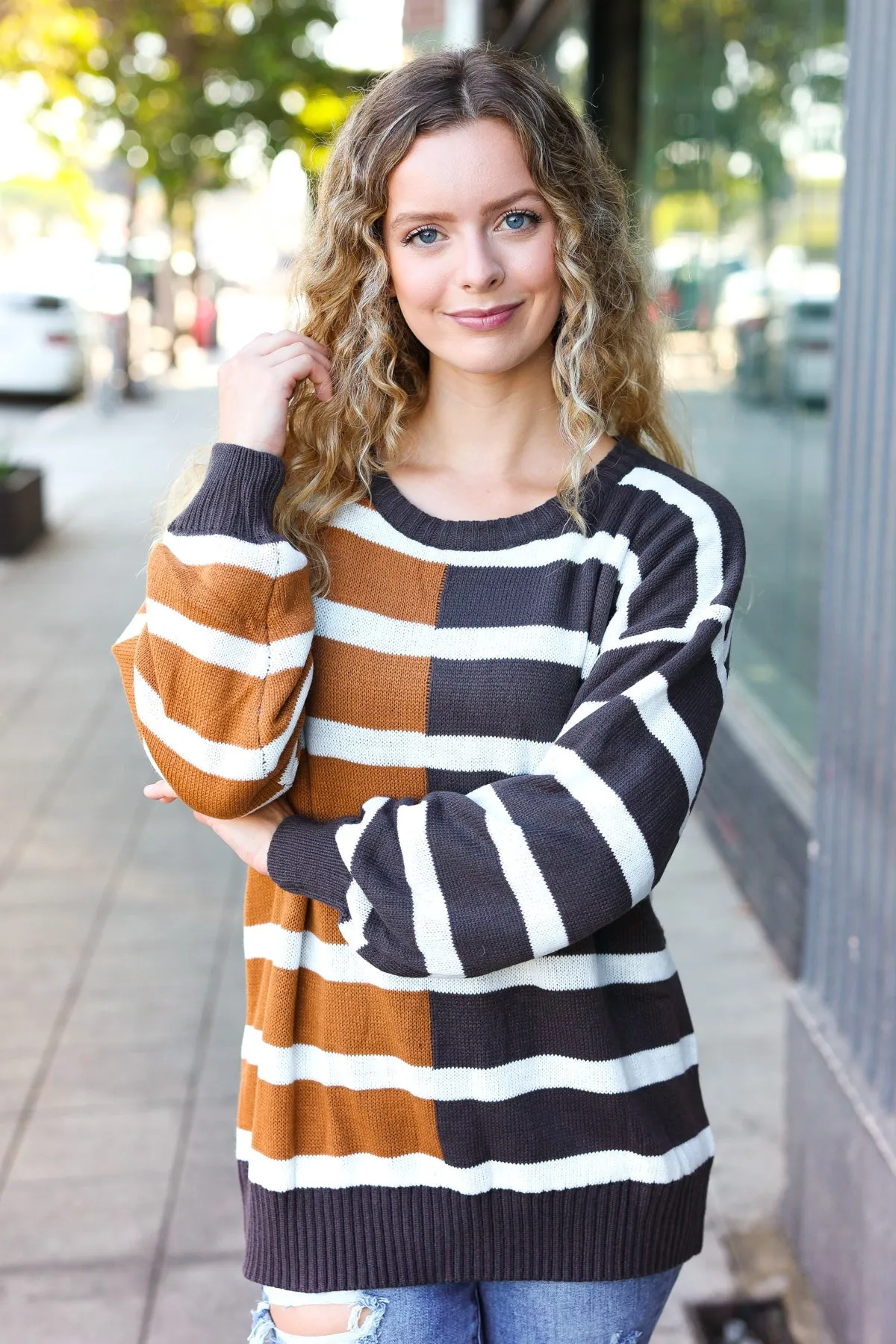 Camel & Charcoal Striped Color Block Sweater sold by Roxie’s Picks product image thumbnail 3