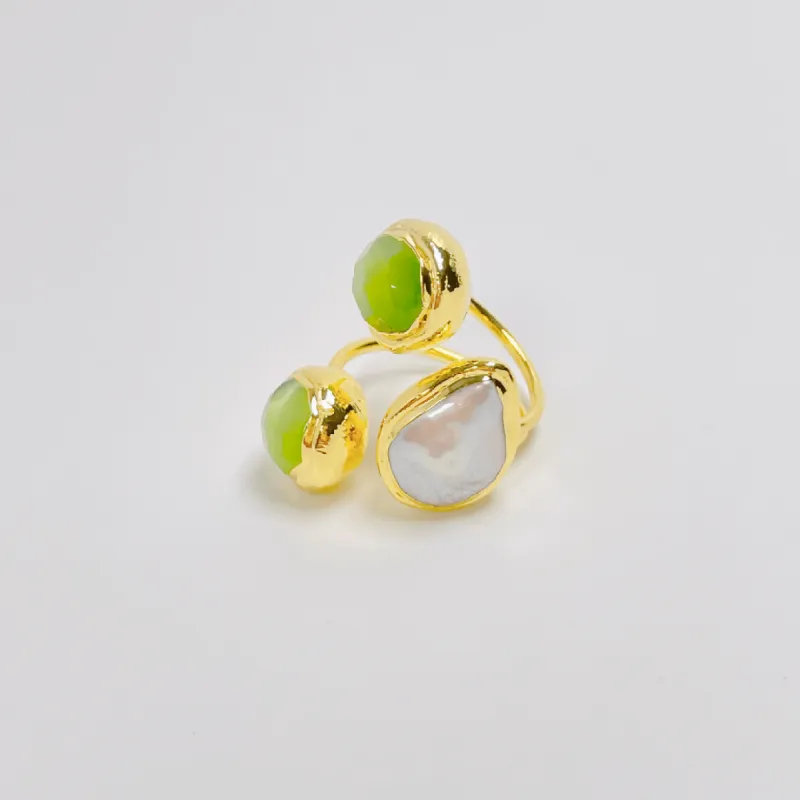 Mirella Natural Pearls Green Quartz Stones 24K Gold Plated Adjustable Ring sold by Roxie’s Picks