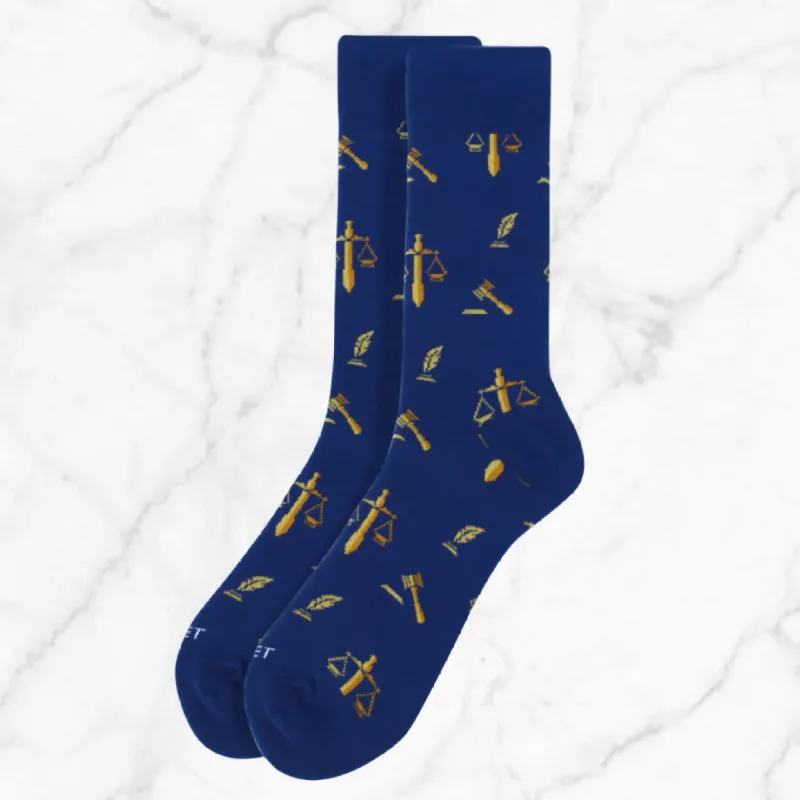 Men's Lawyer Crew Socks - Scale of Justice Quill Gavel Gift for Laywer Attorney Gift for Bar Exam Blue and Gold sold by Roxie’s Picks