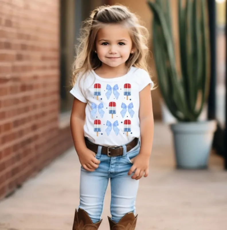 Popsicles and Blue Coquette Bows 4th of July Girls Tee Shirt made by Roxie’s Picks