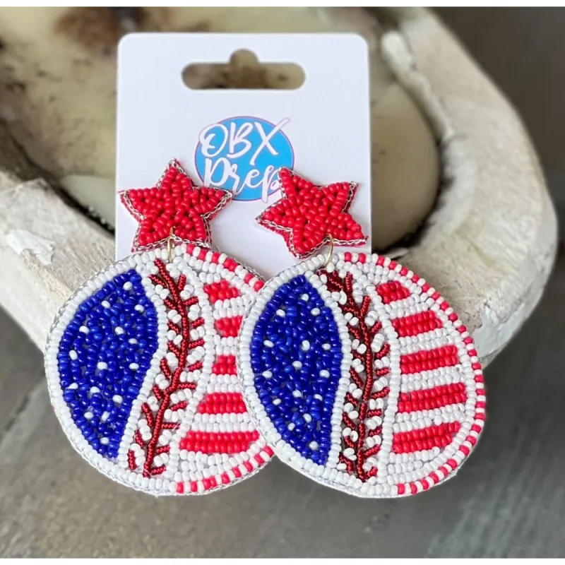 Patriotic Baseball Seed Beaded Earrings made by Roxie’s Picks