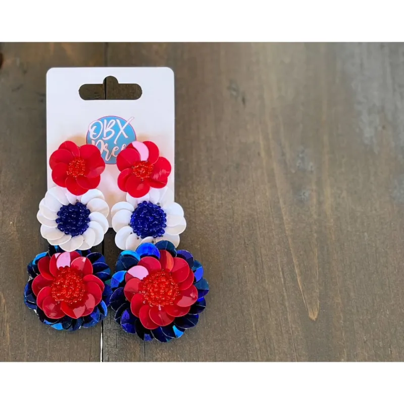 Patriotic Red White and Blue Triple Flowers Handmade Earrings sold by Roxie’s Picks