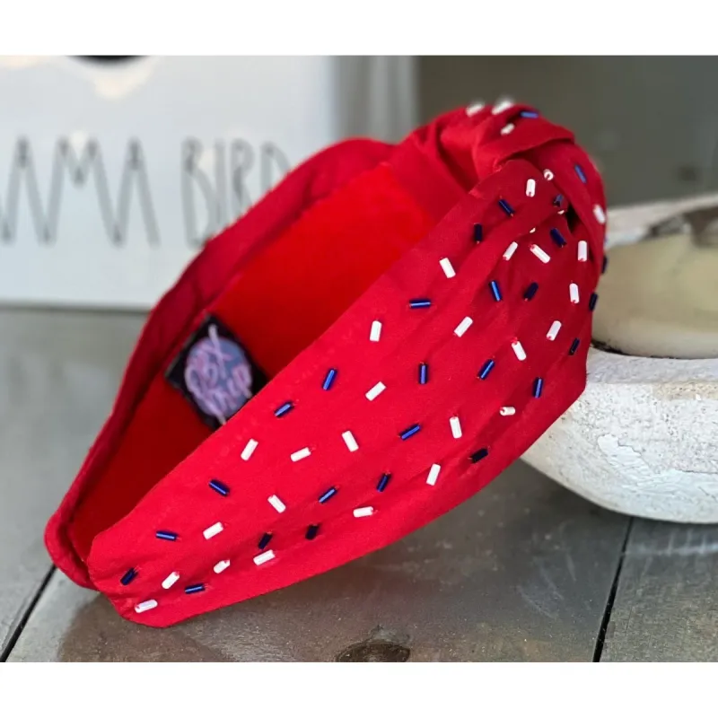 Patriotic Confetti Red Seed Bead Front Knot Headband sold by Roxie’s Picks