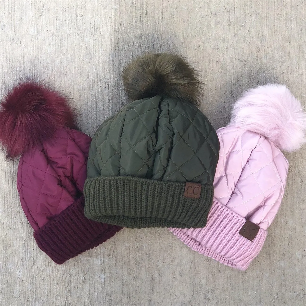 CC Quilted Puffer with Detachable Pom Beanies Hats sold by Roxie’s Picks product image thumbnail 3