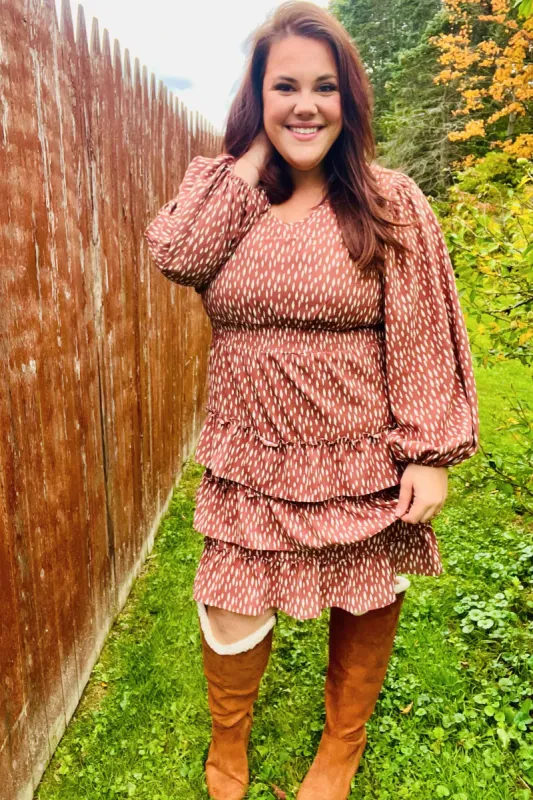 Feminine Flair Terracotta Leopard Print Ruffle Tiered Dress sold by Roxie’s Picks