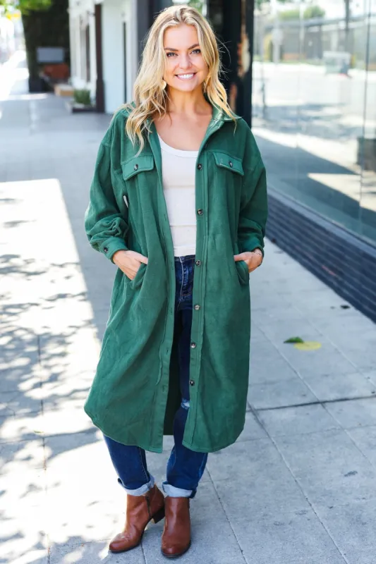 Turn Heads Forest Green Fleece Button Down Duster Jacket sold by Roxie’s Picks