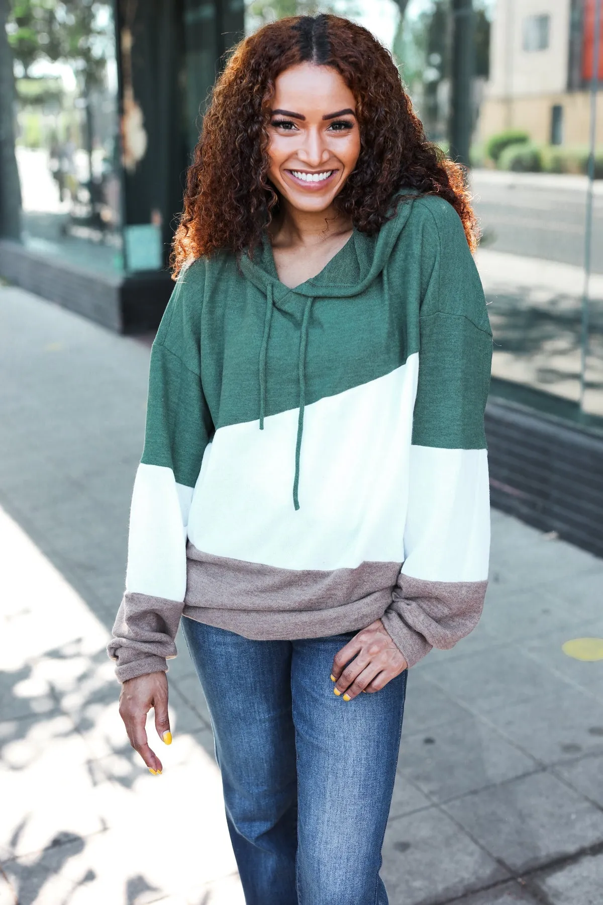 Feeling Joyful Olive & Ivory Color Block Hacci Knit Hoodie sold by Roxie’s Picks product image thumbnail 3