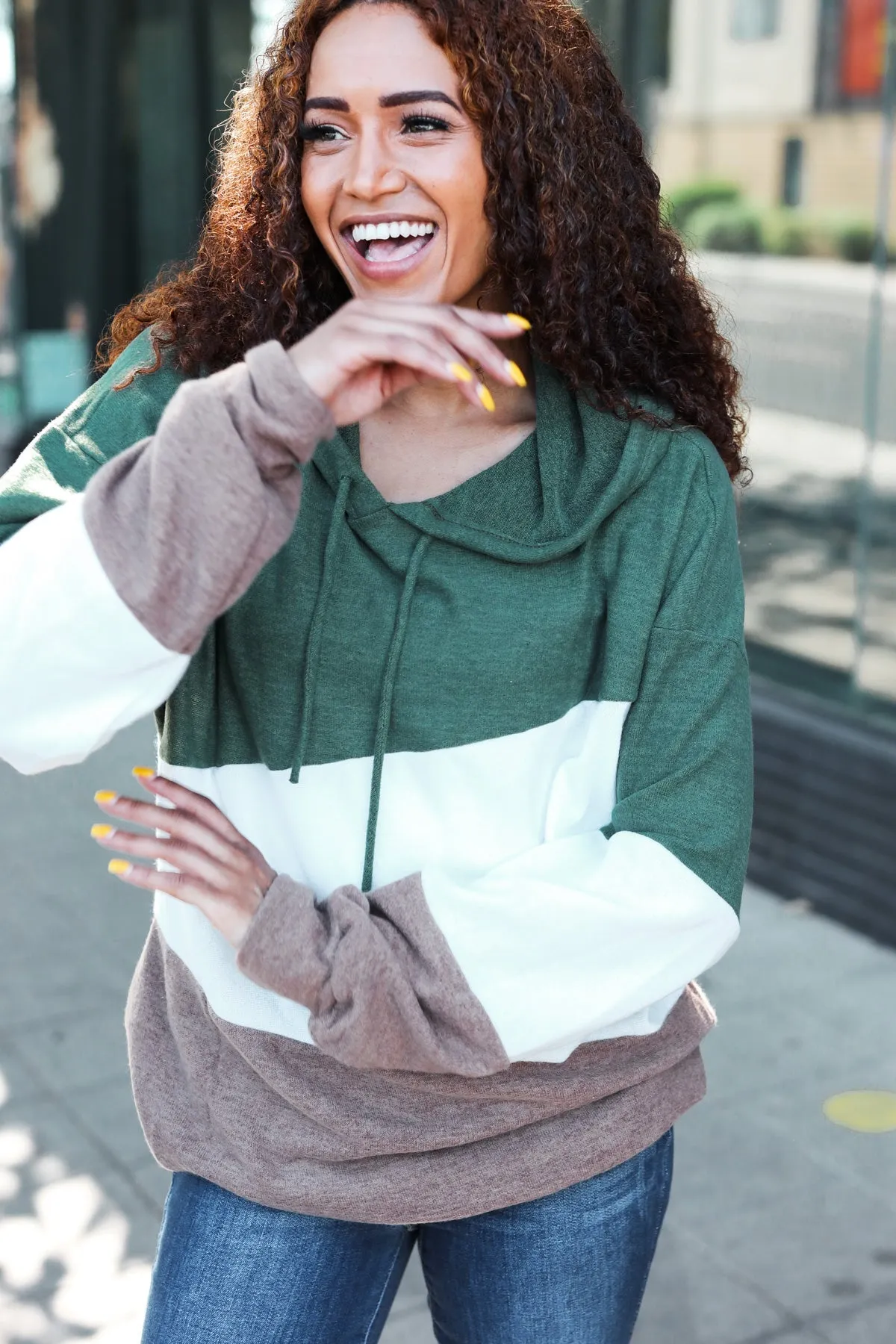 Feeling Joyful Olive & Ivory Color Block Hacci Knit Hoodie sold by Roxie’s Picks product image thumbnail 5