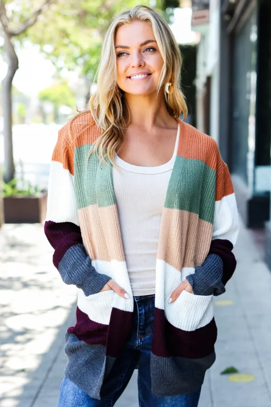 Put Together Plum & Olive Color Block Open Cardigan sold by Roxie’s Picks