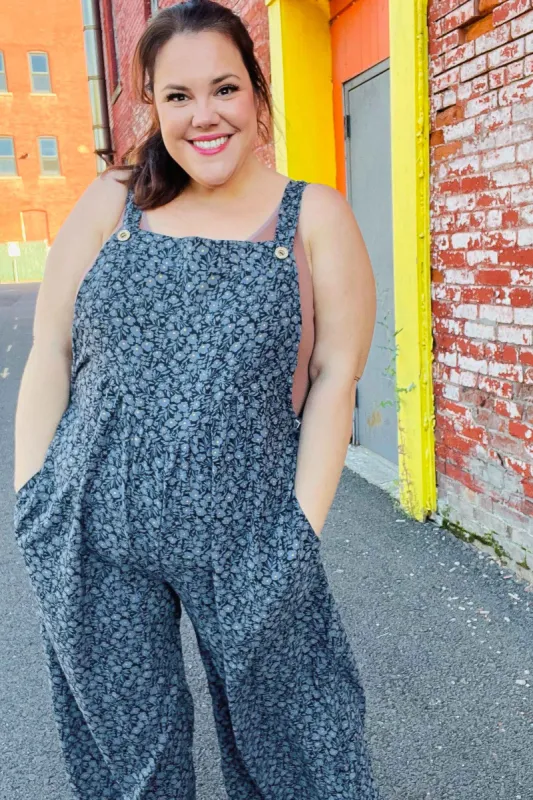 Feeling Femme' Charcoal Floral Print Baggy Overall Jumpsuit sold by Roxie’s Picks