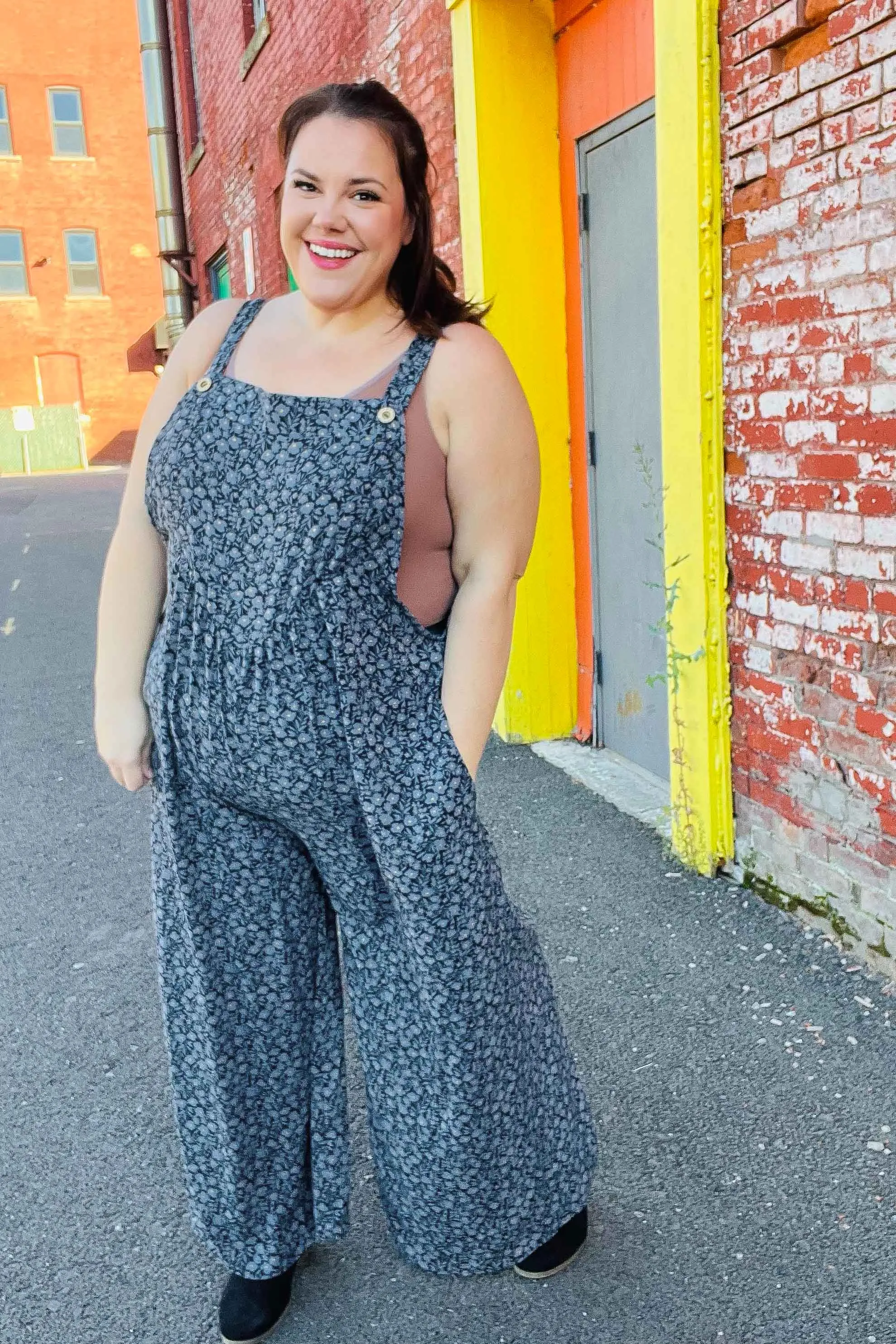 Feeling Femme' Charcoal Floral Print Baggy Overall Jumpsuit sold by Roxie’s Picks product image thumbnail 4