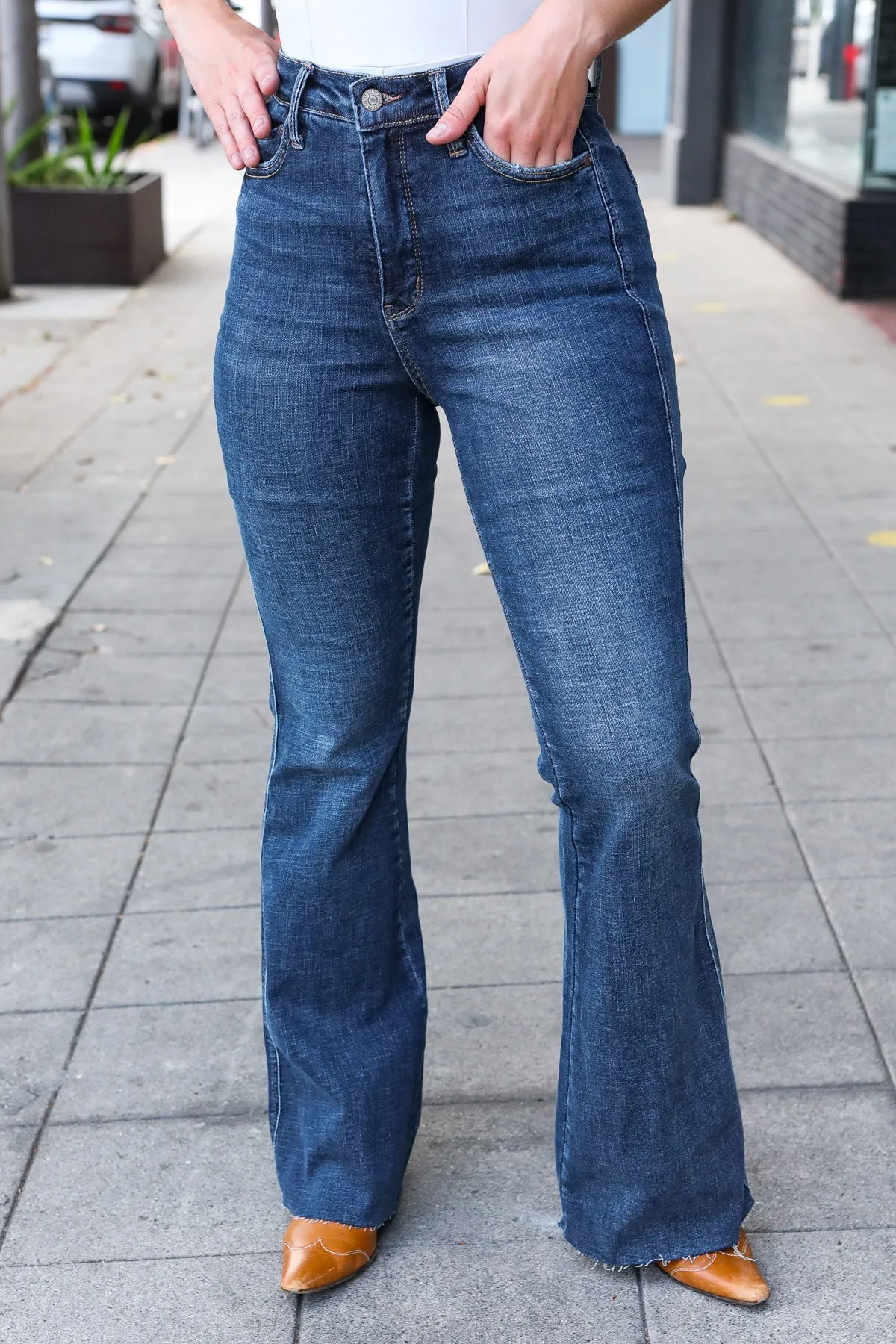 Judy Blue Dark Wash High Rise Flare Back Pocket Detail Jeans sold by Roxie’s Picks