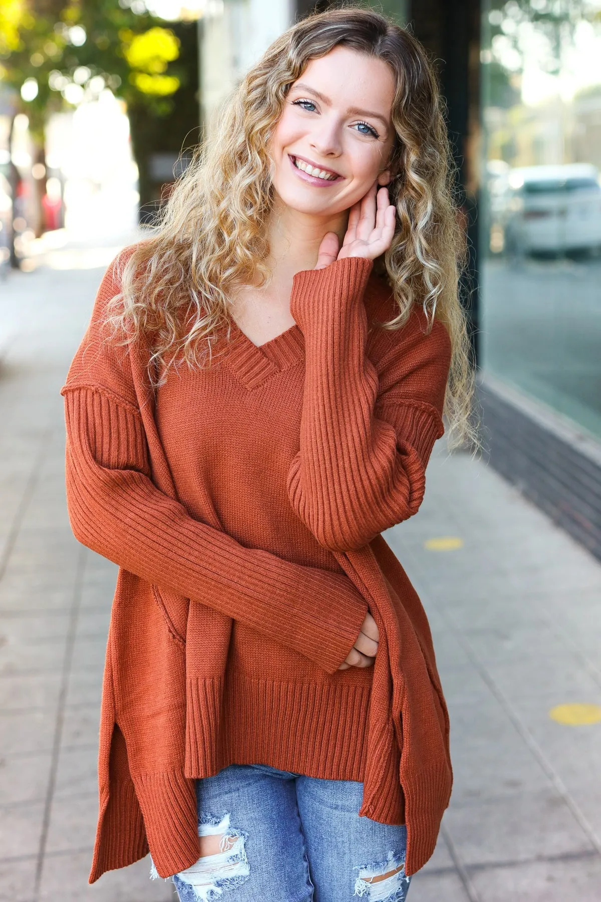 Casual Chic Rust Oversized V Neck Rib Knit Sweater sold by Roxie’s Picks product image thumbnail 5