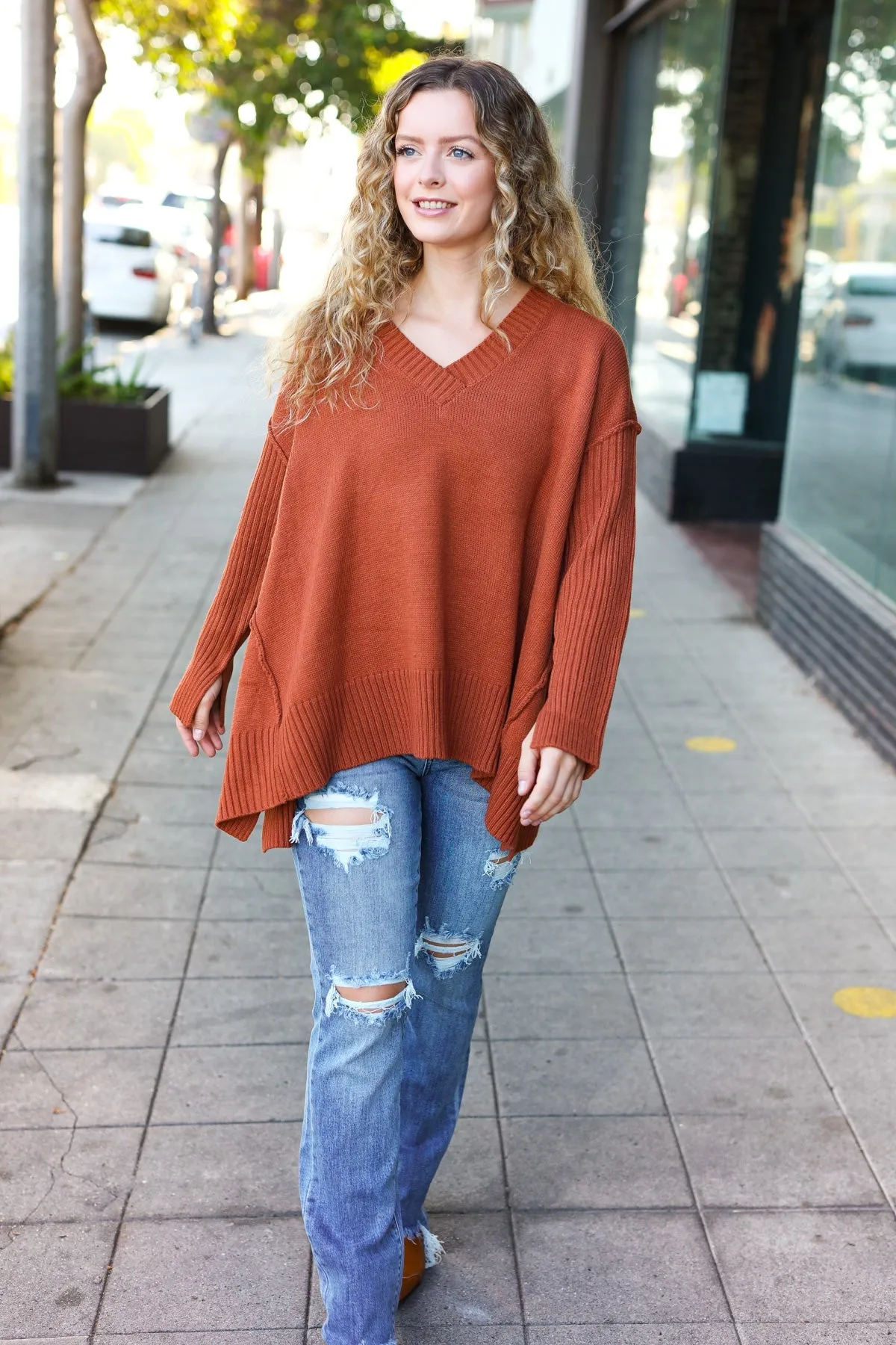 Casual Chic Rust Oversized V Neck Rib Knit Sweater sold by Roxie’s Picks product image thumbnail 3