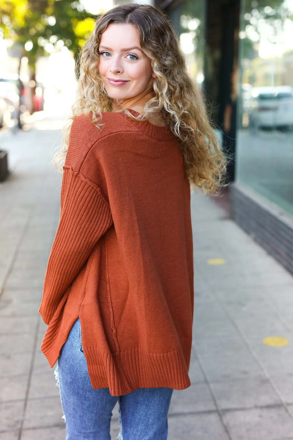 Casual Chic Rust Oversized V Neck Rib Knit Sweater sold by Roxie’s Picks product image thumbnail 2