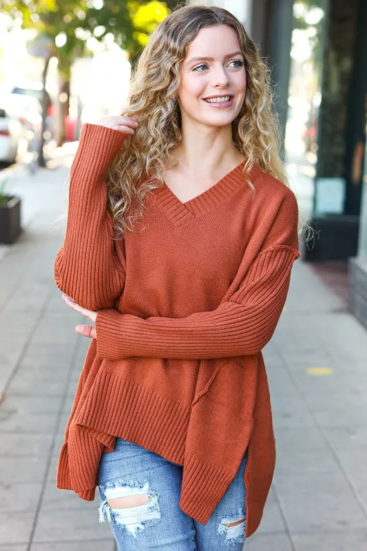 Casual Chic Rust Oversized V Neck Rib Knit Sweater sold by Roxie’s Picks
