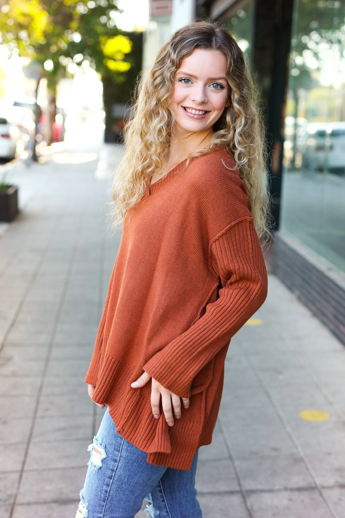 Casual Chic Rust Oversized V Neck Rib Knit Sweater sold by Roxie’s Picks product image thumbnail 4