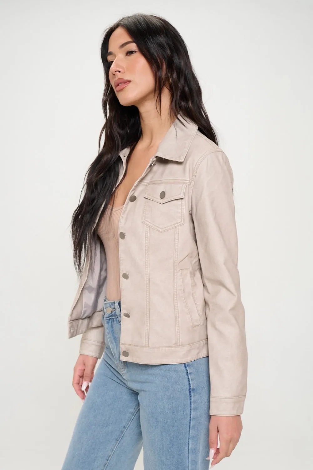Coalition LA Button Down Cargo Vegan Leather Shacket sold by Roxie’s Picks