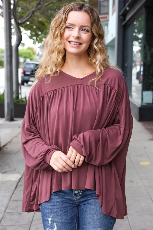 Casual Chic Wine V Neck Yoke Modal Knit Oversized Top sold by Roxie’s Picks