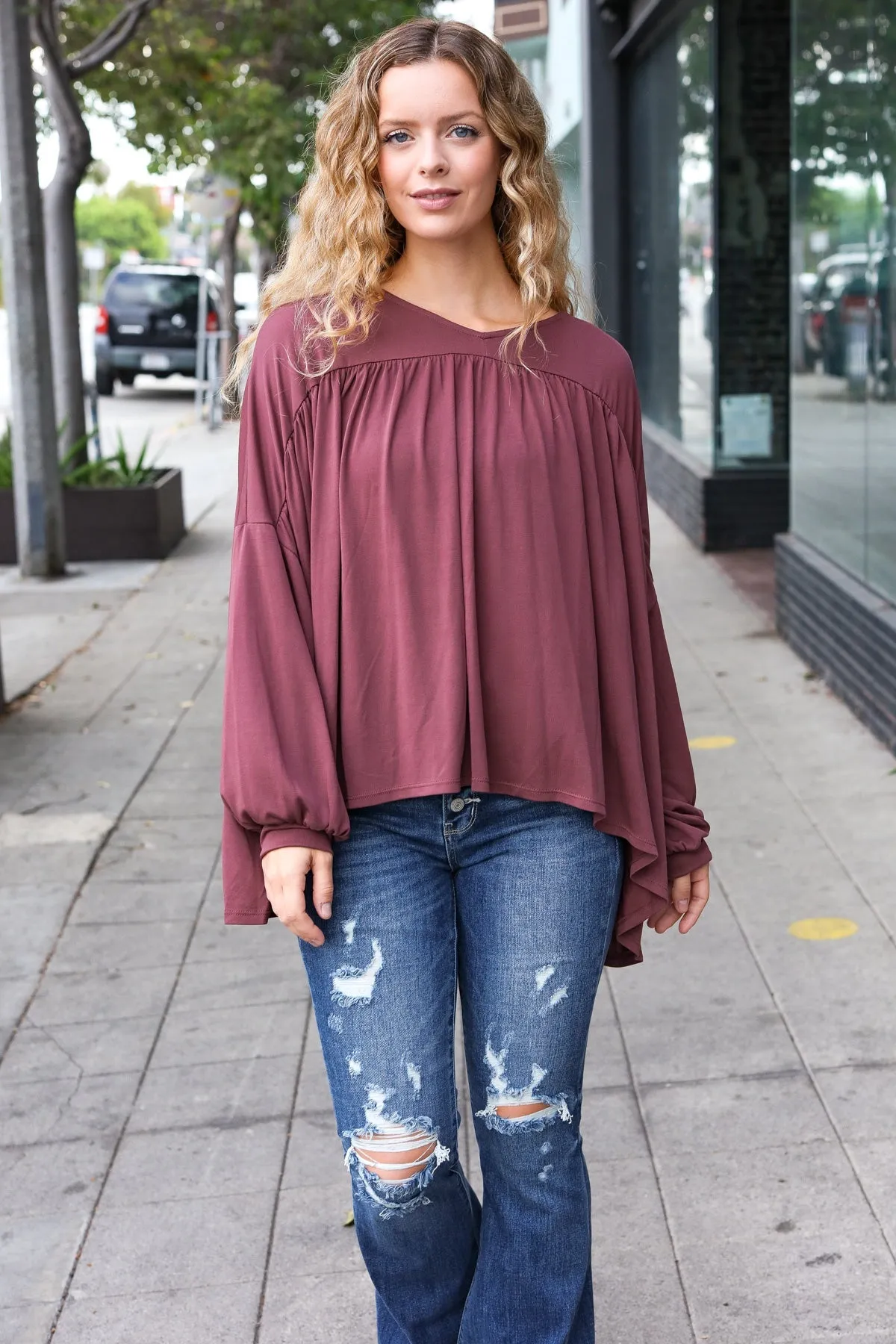 Casual Chic Wine V Neck Yoke Modal Knit Oversized Top sold by Roxie’s Picks product image thumbnail 5