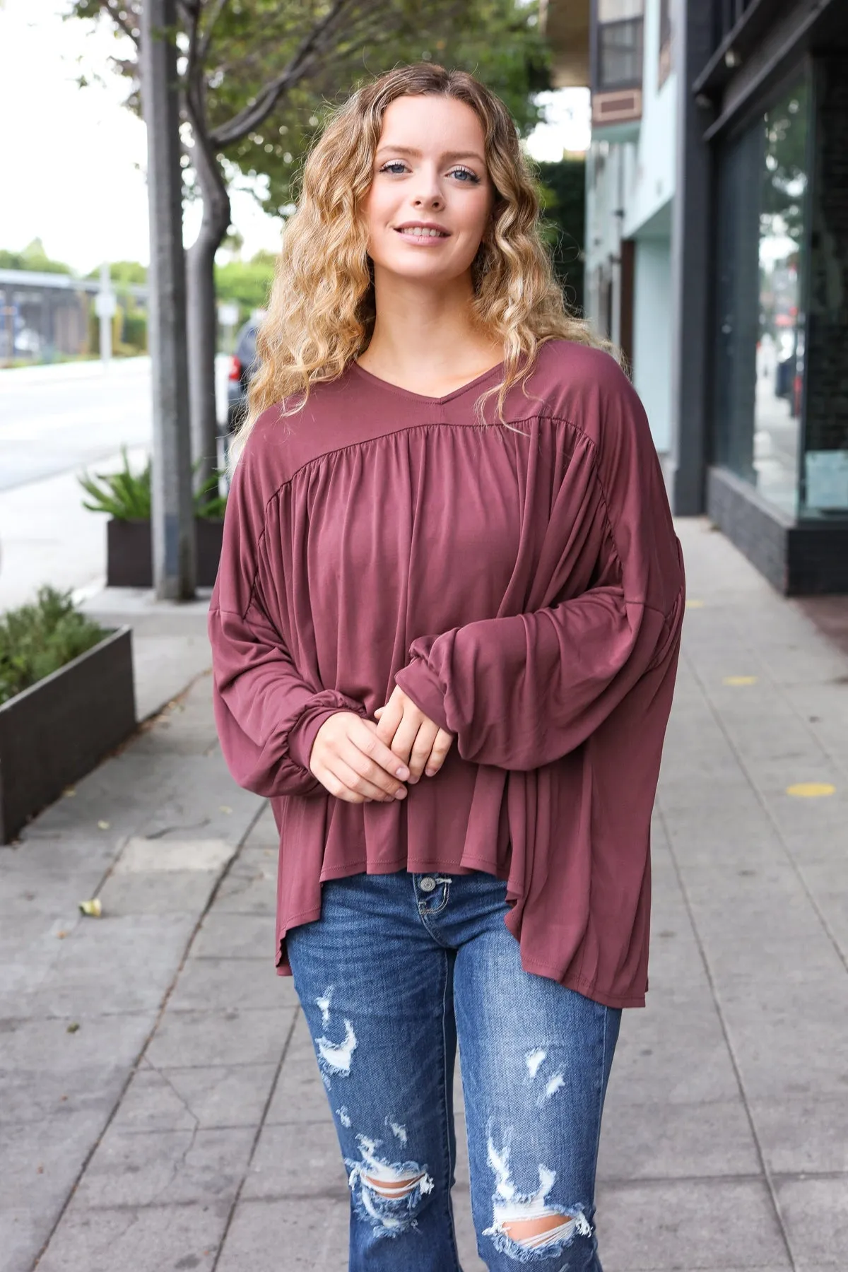 Casual Chic Wine V Neck Yoke Modal Knit Oversized Top sold by Roxie’s Picks product image thumbnail 4