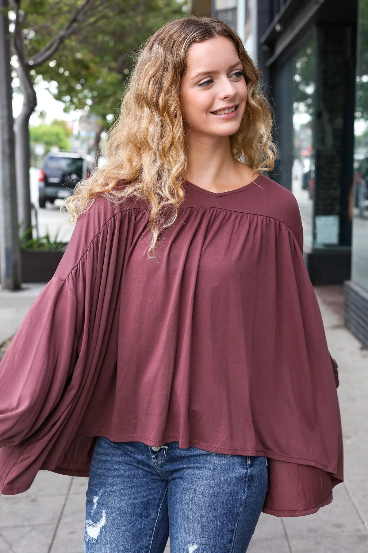 Casual Chic Wine V Neck Yoke Modal Knit Oversized Top sold by Roxie’s Picks product image thumbnail 3