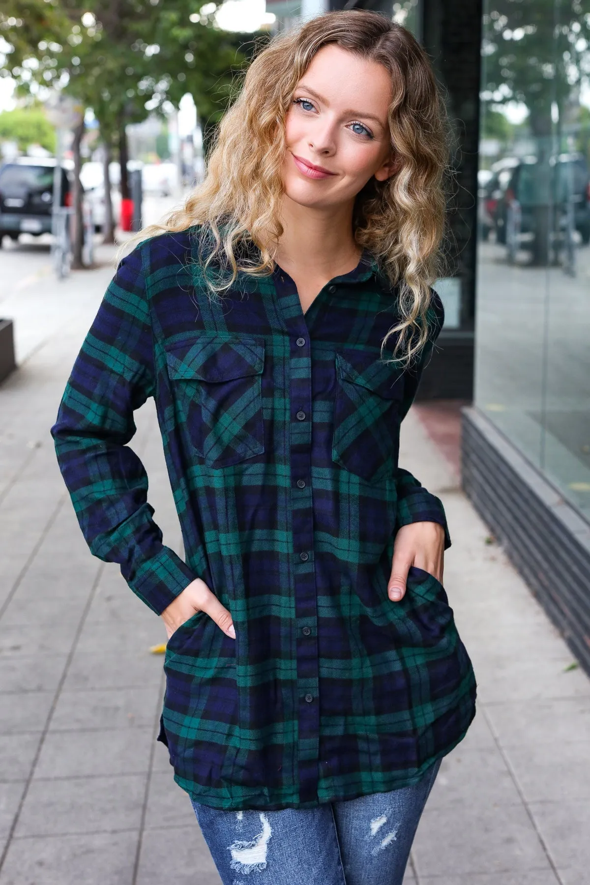 Make A Move Navy & Green Plaid Button Down Long Sleeve Top sold by Roxie’s Picks