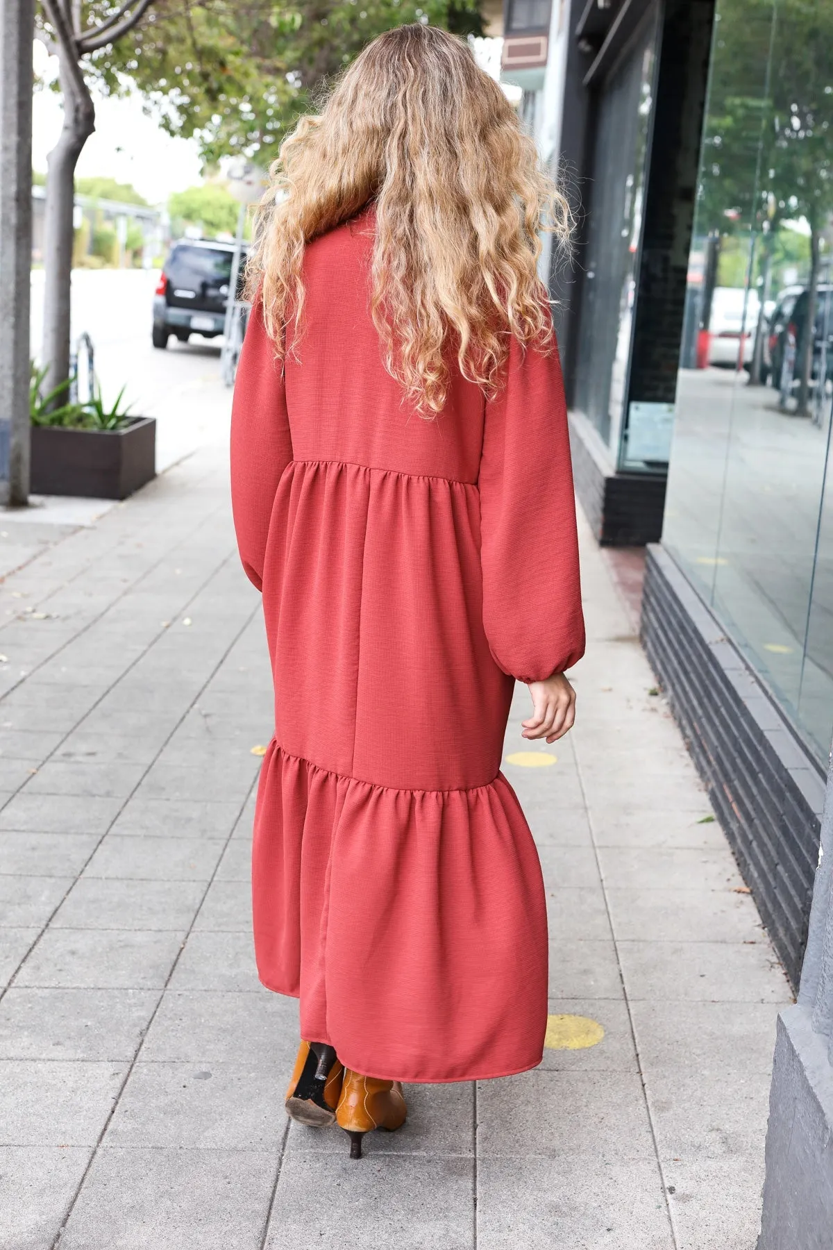 Lock Eyes Spice Notched Neck Frill Hem Tiered Maxi Dress sold by Roxie’s Picks product image thumbnail 3