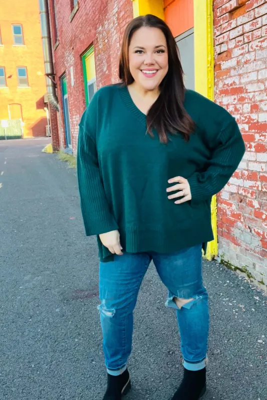 Casual Chic Hunter Green Oversized V Neck Rib Knit Sweater sold by Roxie’s Picks