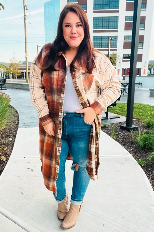 Stand Out Rust & Taupe Color Block Plaid Longline Shacket sold by Roxie’s Picks