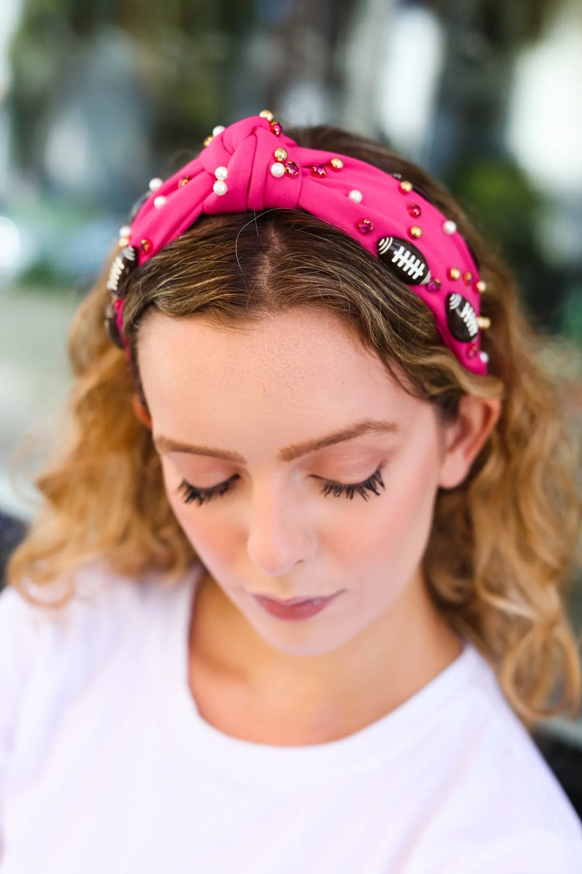 Fuchsia Stone & Gem Football Embellished Top Knot Headband sold by Roxie’s Picks product image thumbnail 4
