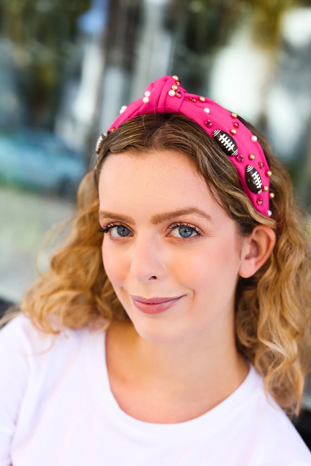 Fuchsia Stone & Gem Football Embellished Top Knot Headband sold by Roxie’s Picks product image thumbnail 3
