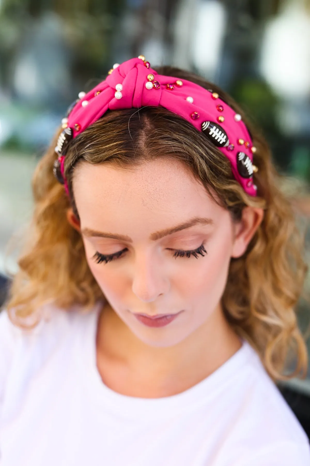 Fuchsia Stone & Gem Football Embellished Top Knot Headband sold by Roxie’s Picks product image thumbnail 2