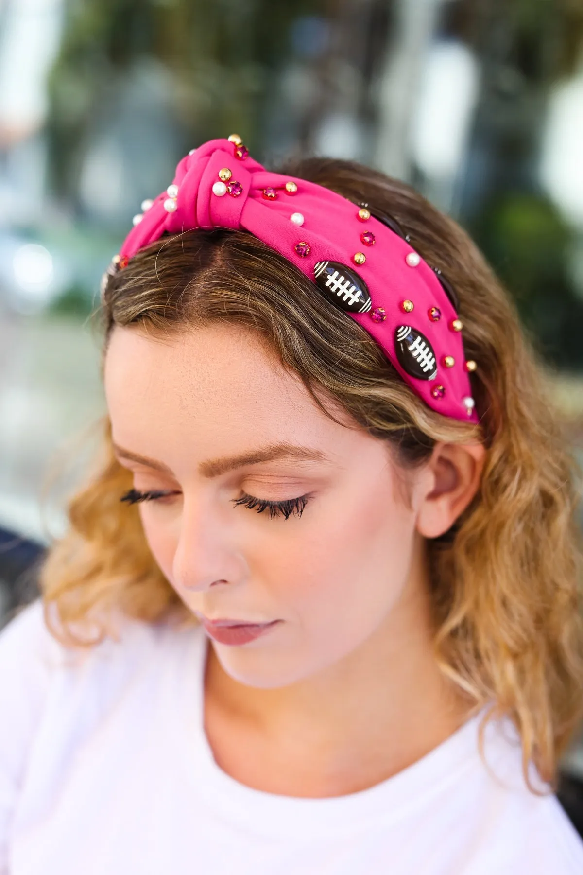Fuchsia Stone & Gem Football Embellished Top Knot Headband sold by Roxie’s Picks product image thumbnail 5