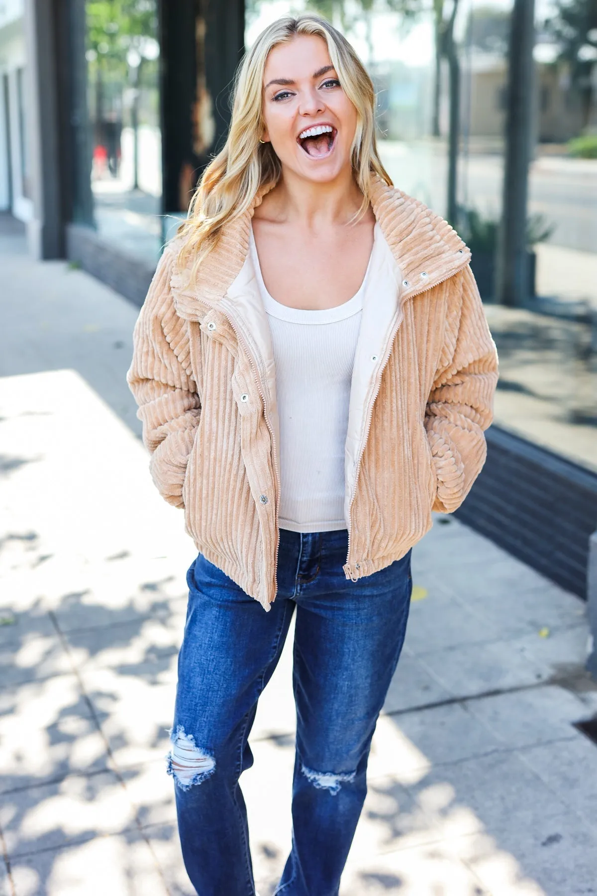 Casual Chic Latte Corduroy Ribbed High Neck Puffer Jacket sold by Roxie’s Picks product image thumbnail 3