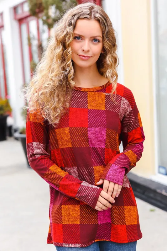 You Got This Burgundy Checker Plaid Print Hacci Knit Top sold by Roxie’s Picks