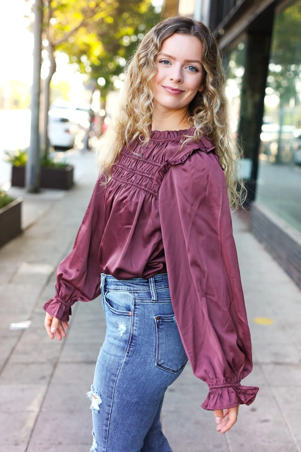 Be Your Best Wine Satin Shirred Yoke Frilled Mock Neck Top sold by Roxie’s Picks product image thumbnail 4