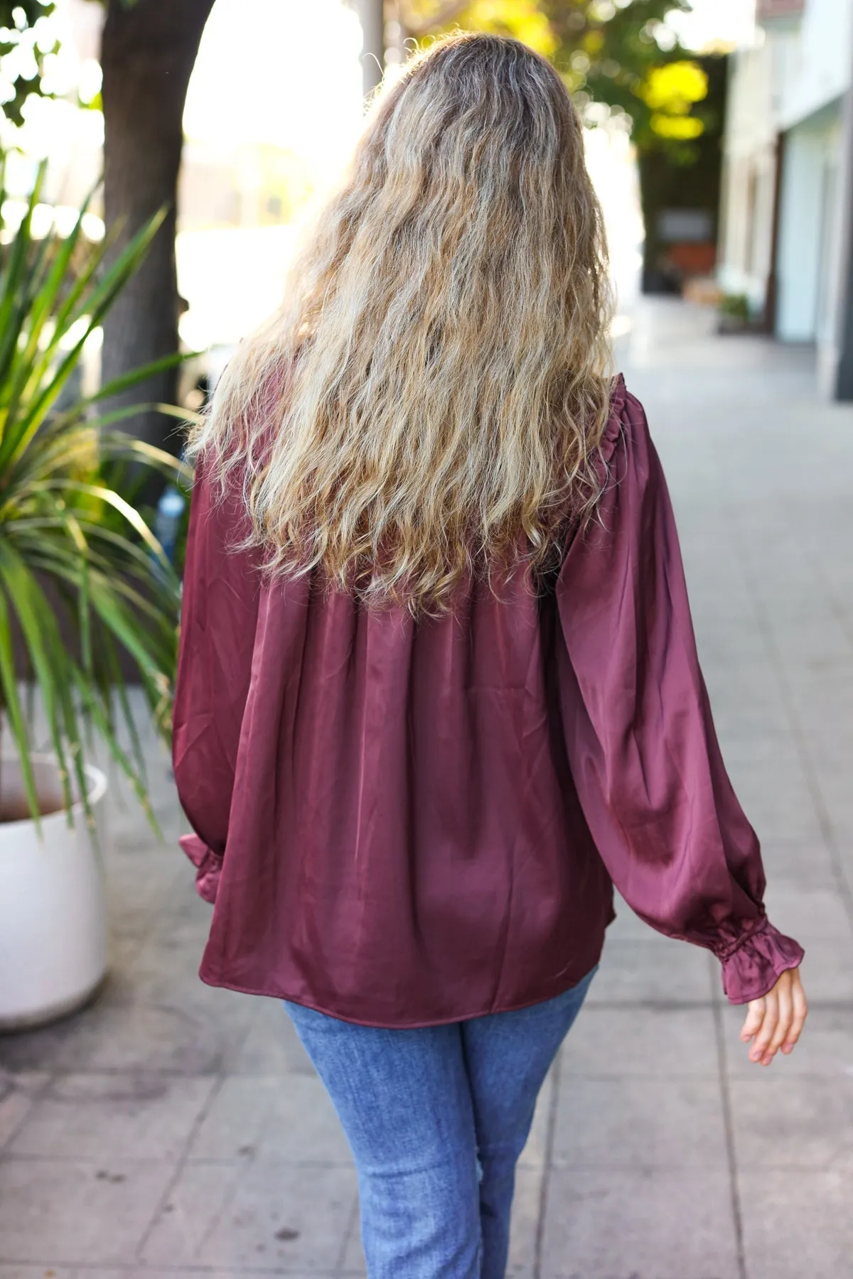 Be Your Best Wine Satin Shirred Yoke Frilled Mock Neck Top sold by Roxie’s Picks product image thumbnail 2