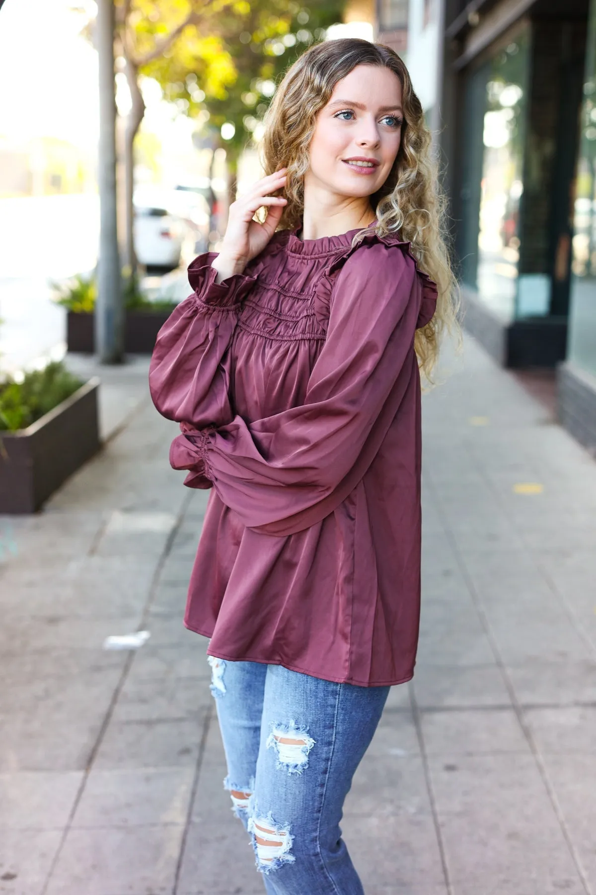 Be Your Best Wine Satin Shirred Yoke Frilled Mock Neck Top sold by Roxie’s Picks product image thumbnail 5