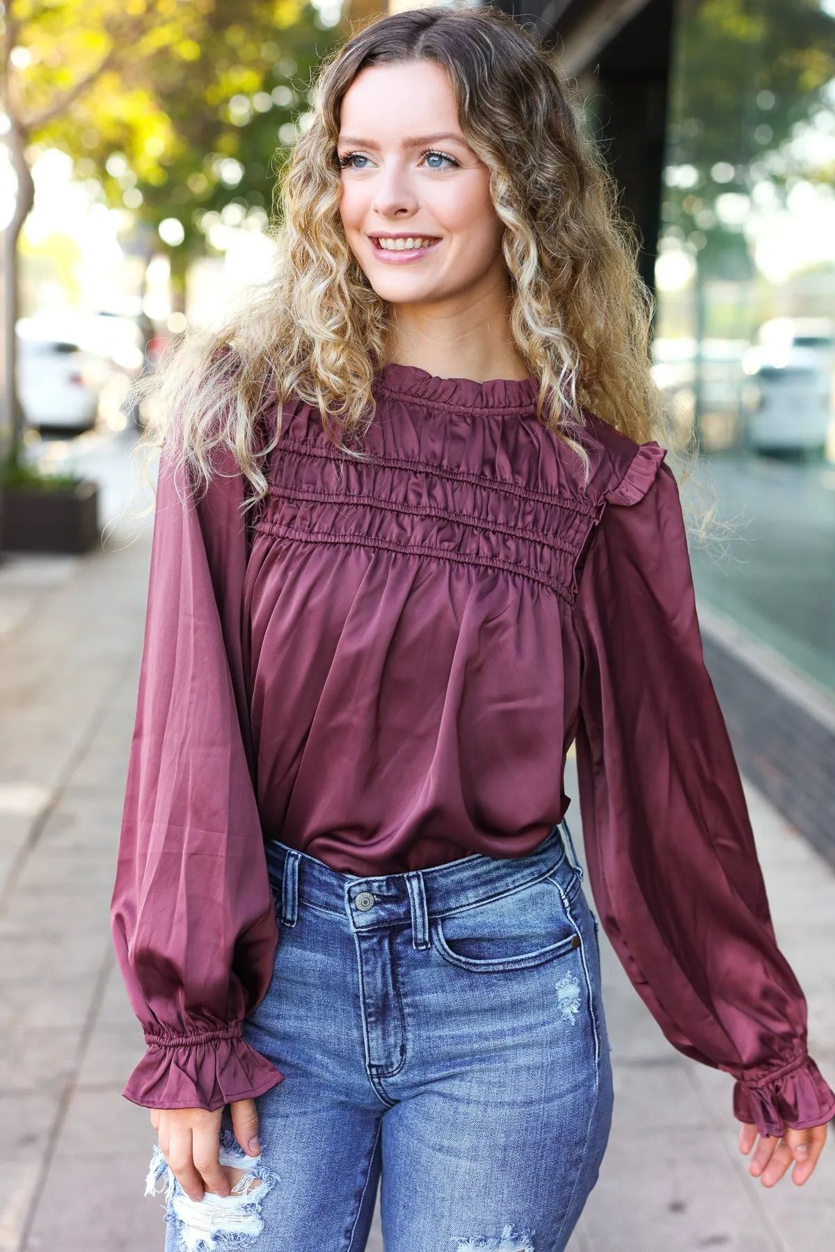 Be Your Best Wine Satin Shirred Yoke Frilled Mock Neck Top sold by Roxie’s Picks