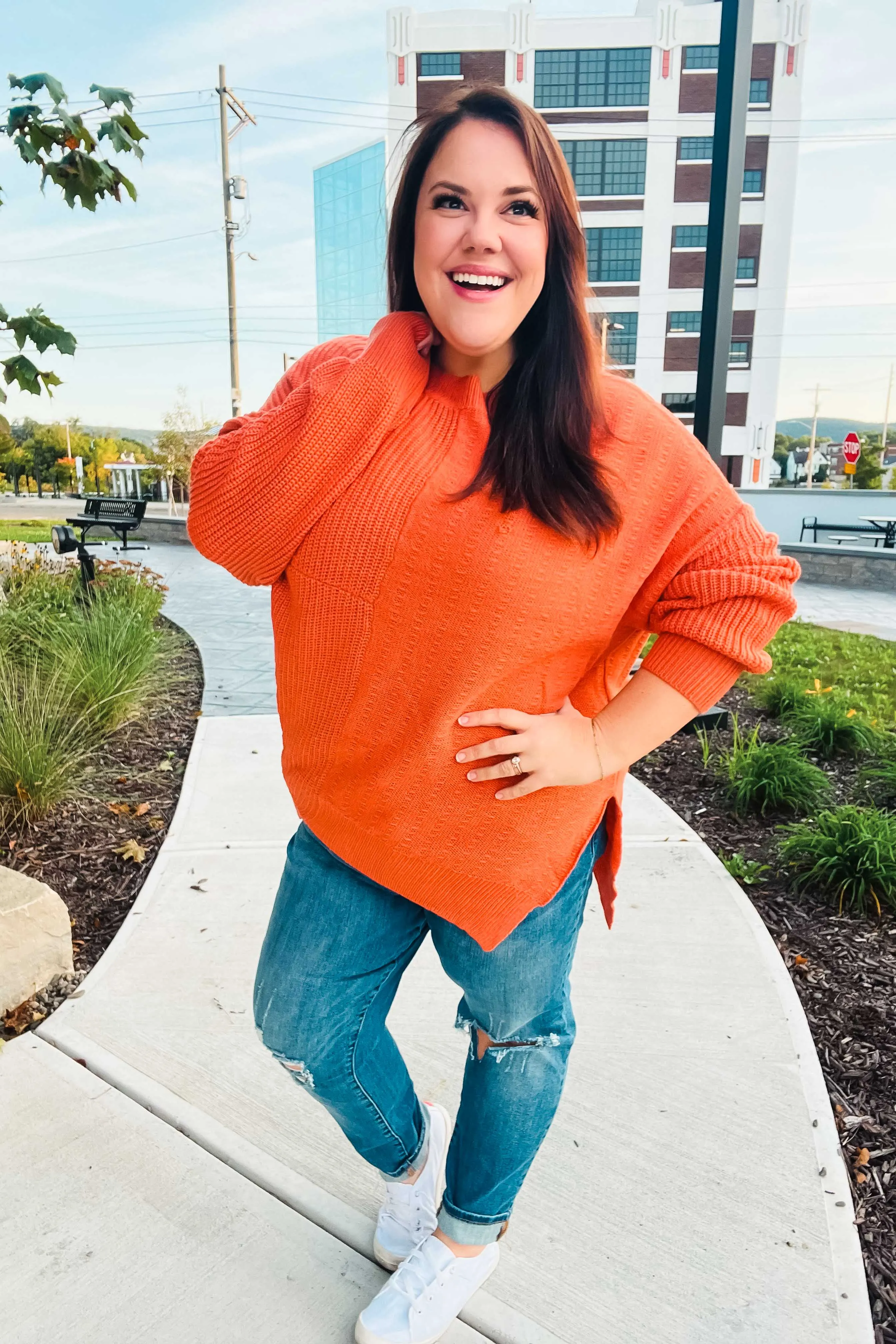 Autumn Vibes Pumpkin Asymmetrical Knit Sweater sold by Roxie’s Picks product image thumbnail 3