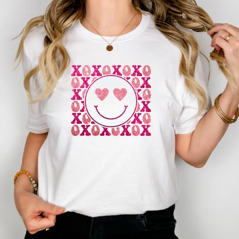 Glitter Smiley Face XOXO Valentine's Women's Graphic Tee sold by Roxie’s Picks