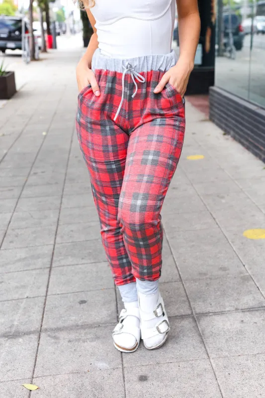 Holiday Vibes Red & Gray Plaid Drawstring Jogger Sweatpants sold by Roxie’s Picks