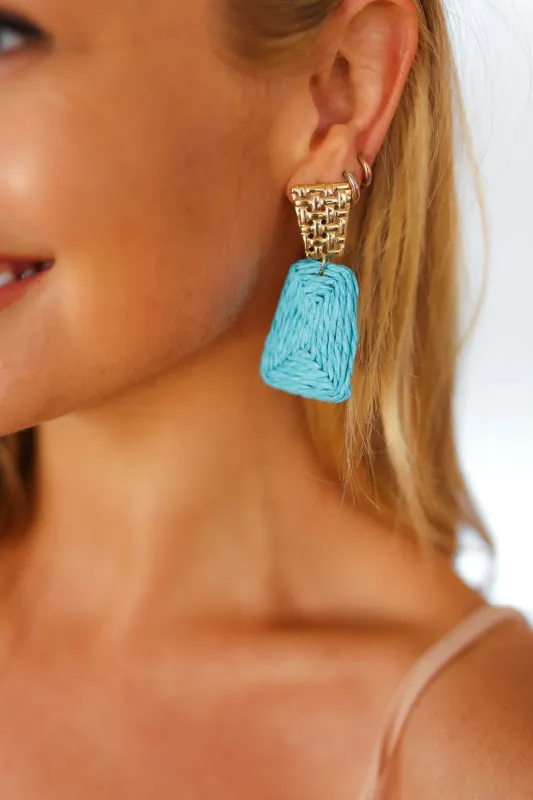 Azure & Gold Geometric Raffia Woven Earrings sold by Roxie’s Picks