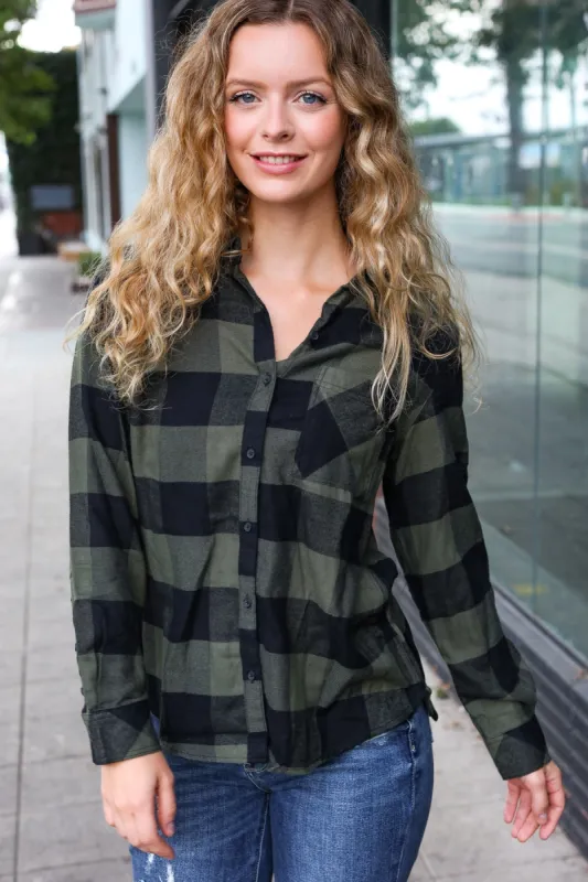 Casual Chic Army Green Plaid Button Down Long Sleeve Top sold by Roxie’s Picks