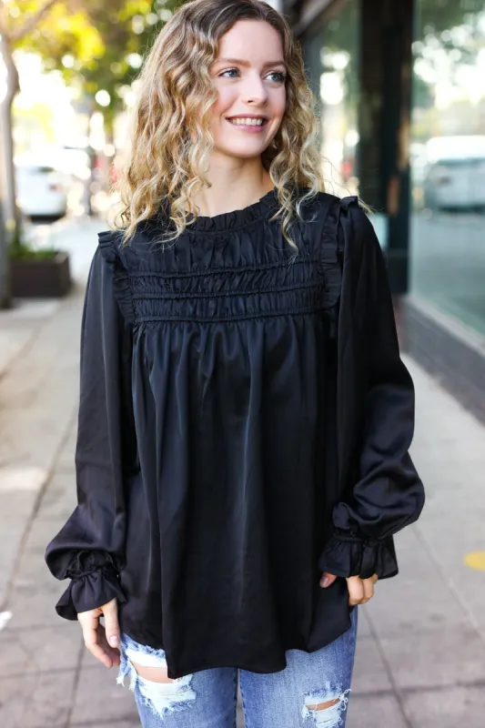 Be Your Best Black Satin Shirred Yoke Frilled Mock Neck Top sold by Roxie’s Picks