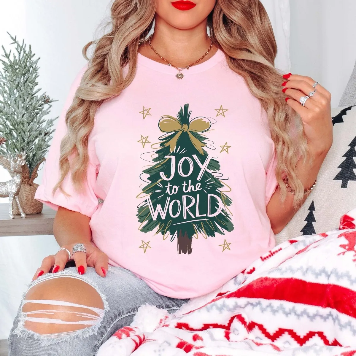 Joy To The World Tree Bella Graphic Tee sold by Roxie’s Picks product image thumbnail 5